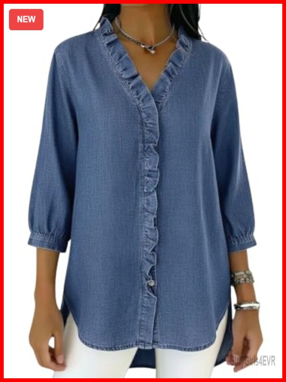 Ruffle Button Down Denim Shirt V Neck 3/4 Sleeve Tunic Blouse Top